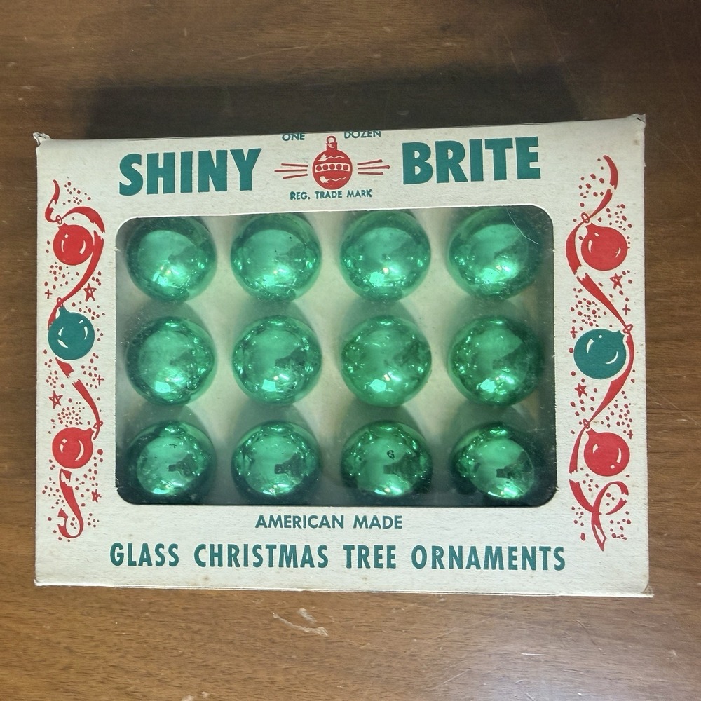 VTG Shiny Brite Mercury Glass Green 1" Christmas Ornaments Set of 12 Box NEW